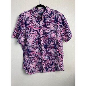 Club Room Linen Button Up Shirt Mens size Large Blue Pink Palm Hawaiian Vacation
